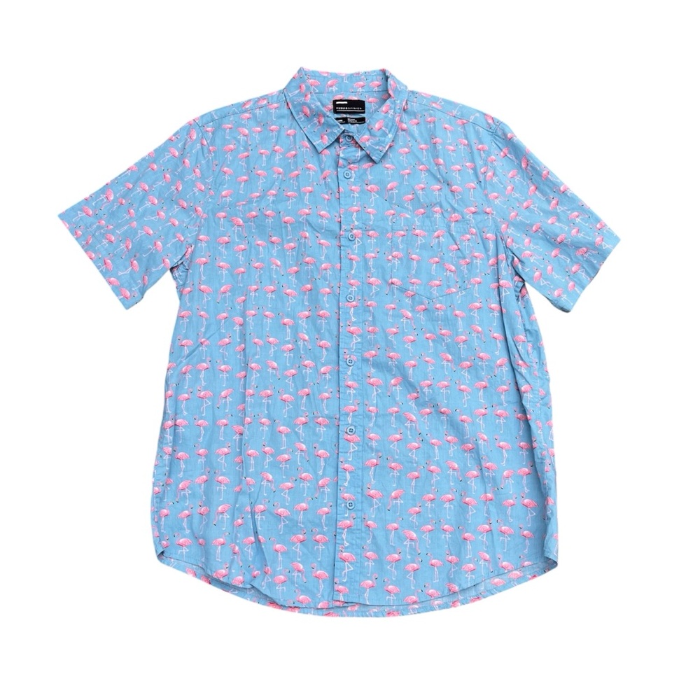 PUBLICOPINION Men’s Hawaiian XL Blue With Flamingos Button Down Cotton  Shirt